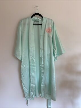 Mint Satin Robe with Pink Floral Embroidery